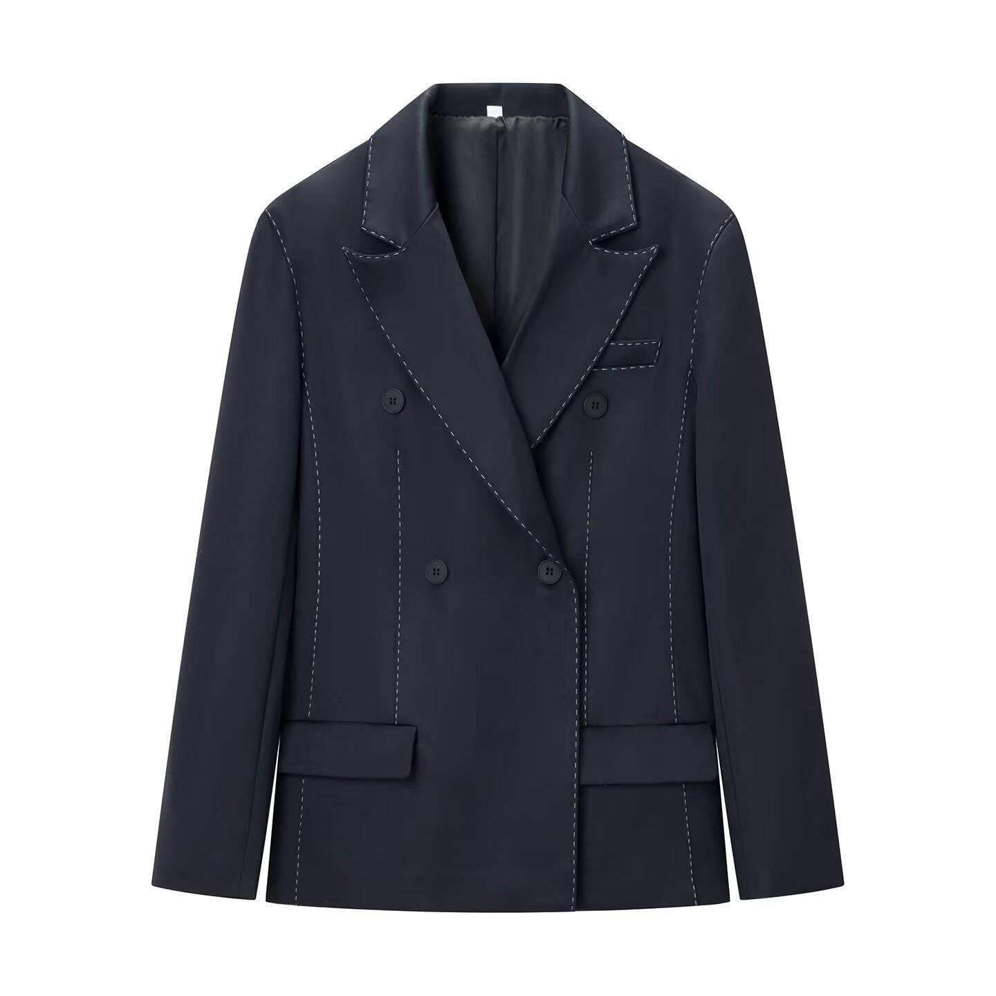 Women's Navy Blue Contrast Topstitching Double Breasted Blazer Notch Lapel Long Sleeve Woven Suit Jacket Office Professional Casual Outwear For Women
