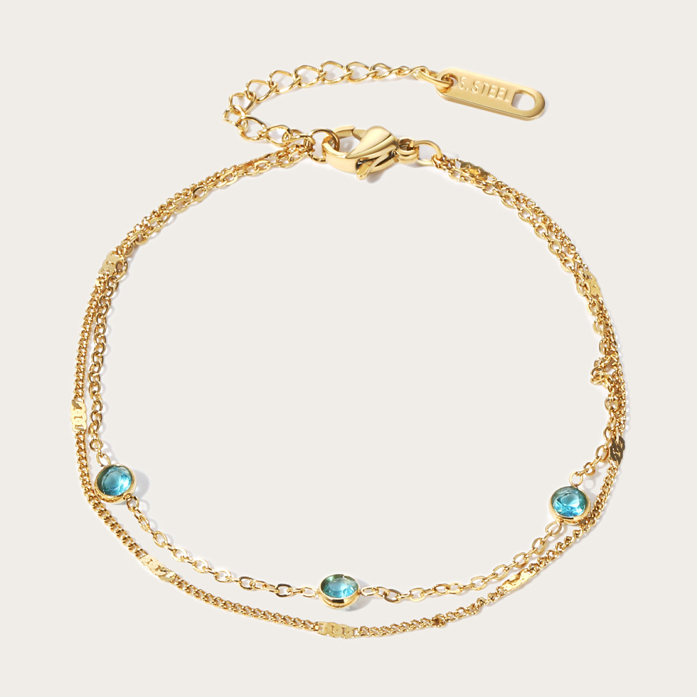 Double Layered Chain Bracelet Stainless Steel Gold Plated Blue Zircon Minimalist Geometric Charm Jewelry For Women