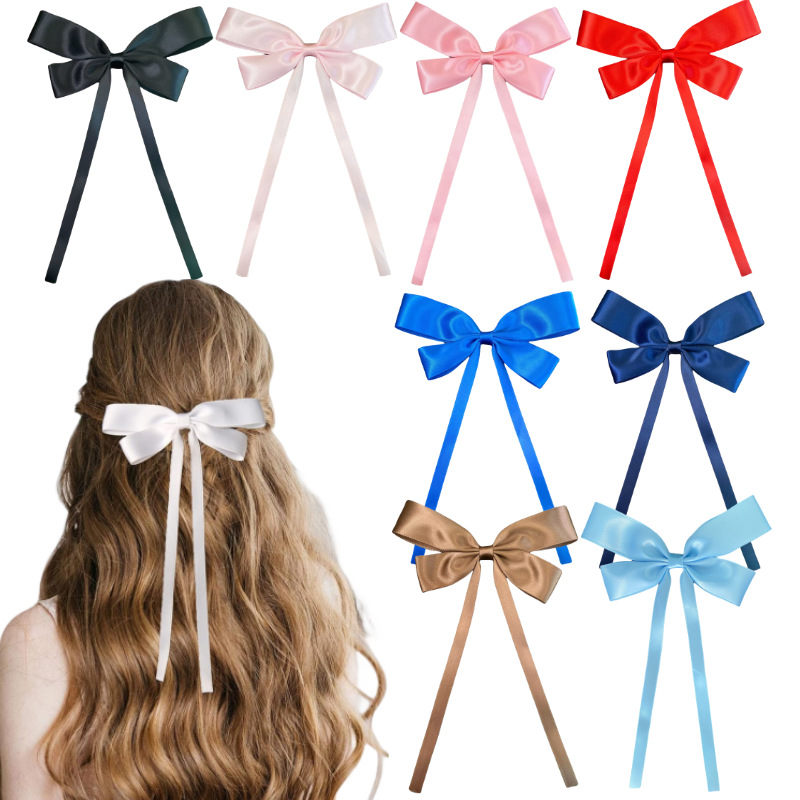 Elegant Large Satin Ribbon Bow Hair Clip Long Tassel Hairpin Princess Style Solid Color Hair Accessories For Women Girls Party Daily Wear