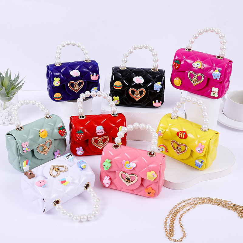 Children's Mini Pearl Handle Jelly Bag Cartoon DIY Quilted PVC Crossbody Handbag For Girls Heart Lock Fashion Small Shoulder Bag With Random Patches