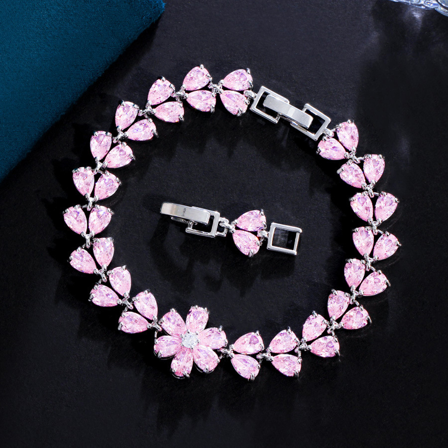 Colorful Copper AAA Zircon Flower Bracelet Elegant Pear Cut Water Drop Inlaid Sparkly Party Jewelry For Women
