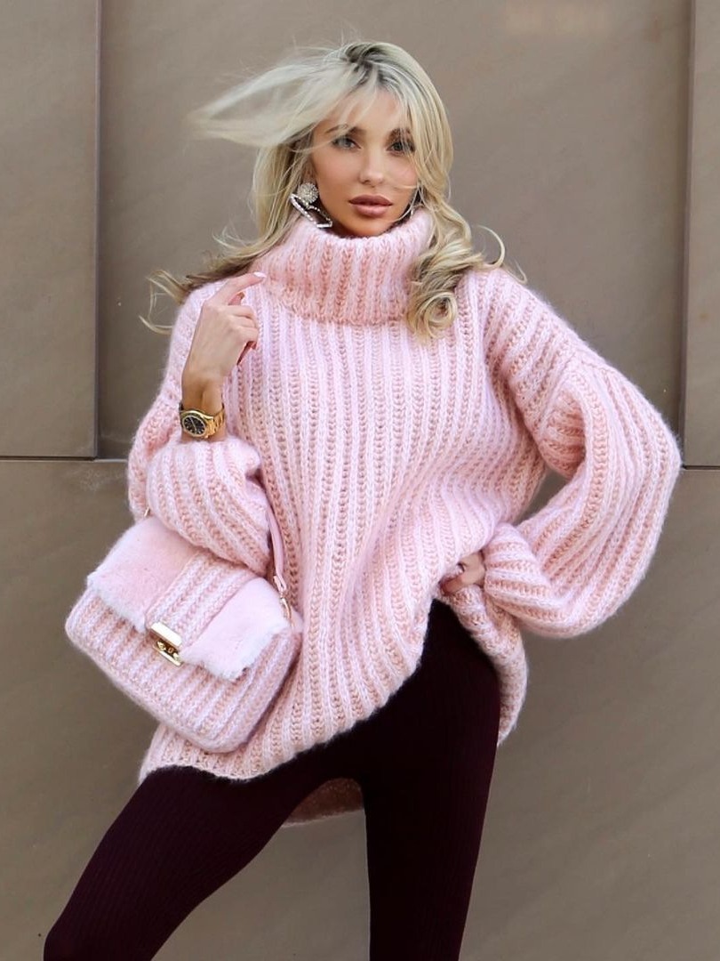Women's Oversized Chunky Knit High Neck Sweater Loose Long Sleeve Soft Fluffy Polyester Pullover Autumn Winter Warm Macaron Color Solid Jumper Top