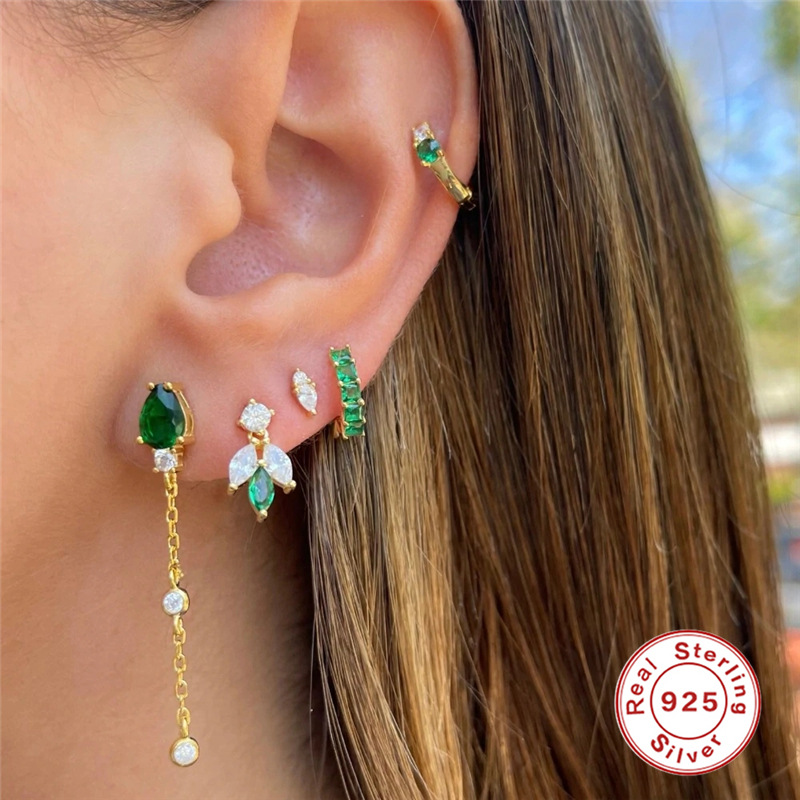 S925 Sterling Silver Gold Plated Heart Green Zirconia Stud Earrings For Women French Vintage Luxury Emerald Green Zircon Ear Jewelry Gift