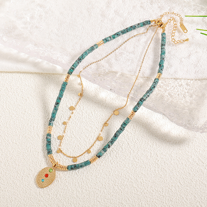 Layered Bohemian Necklace With Natural Stone Beads Hammered Oval Pendant Multi Color Inlaid Copper Jewelry For Women