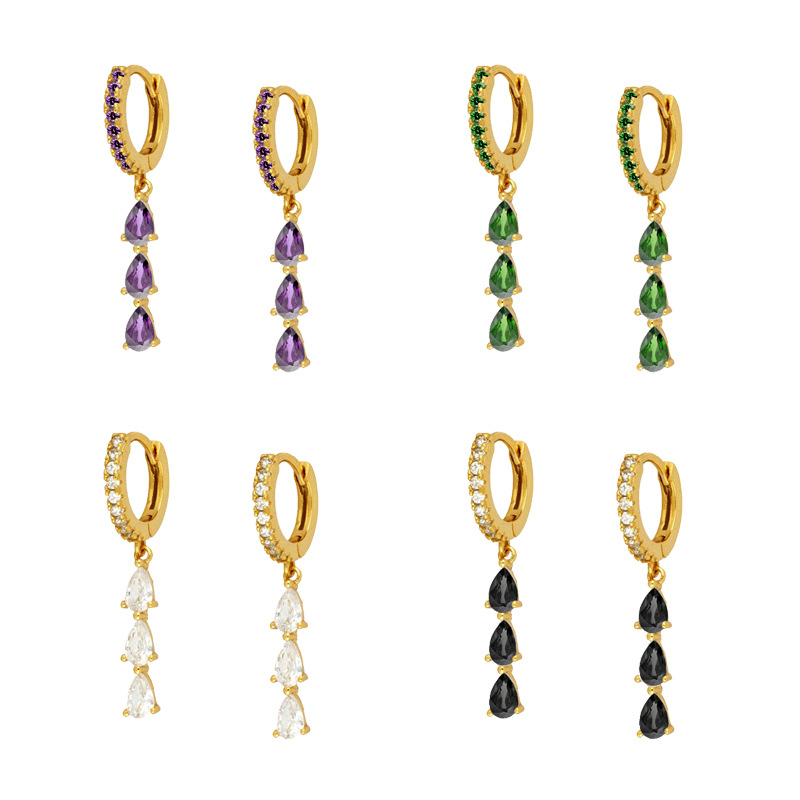 Teardrop Dangle Earrings With 925 Sterling Silver Earring Post Copper Zircon Triple Pear Cut Vertical Huggie Hoops Women
