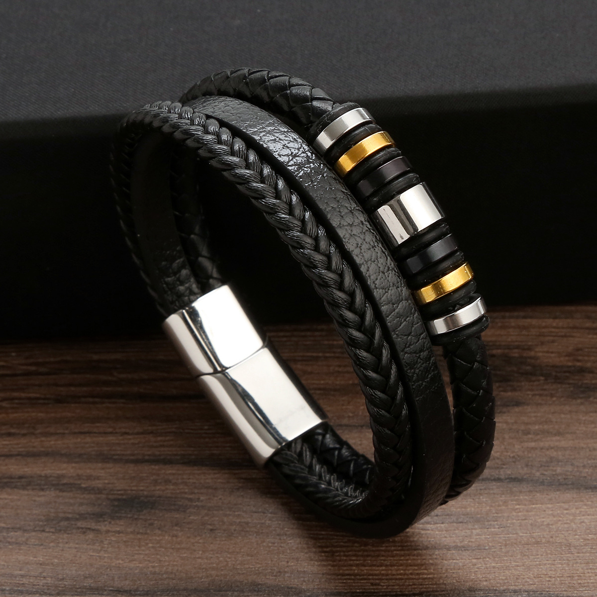 Men Multi Layer Braided Leather Bracelet Stainless Steel Magnetic Clasp Fashion Punk Jewelry Black Metal Charms