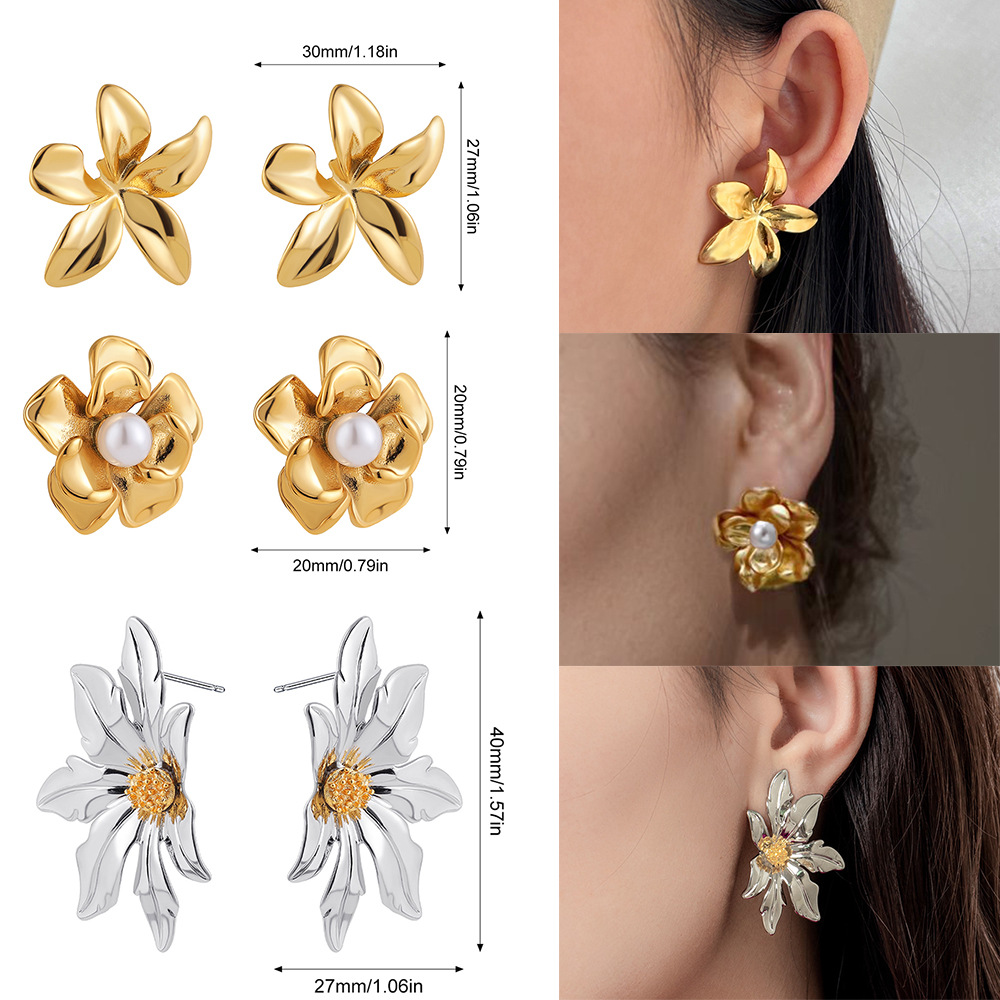 Flower Stud Earrings 18K Gold Plated Stainless Steel Pearl Sunflower Daisy Vintage Elegant Jewelry For Women