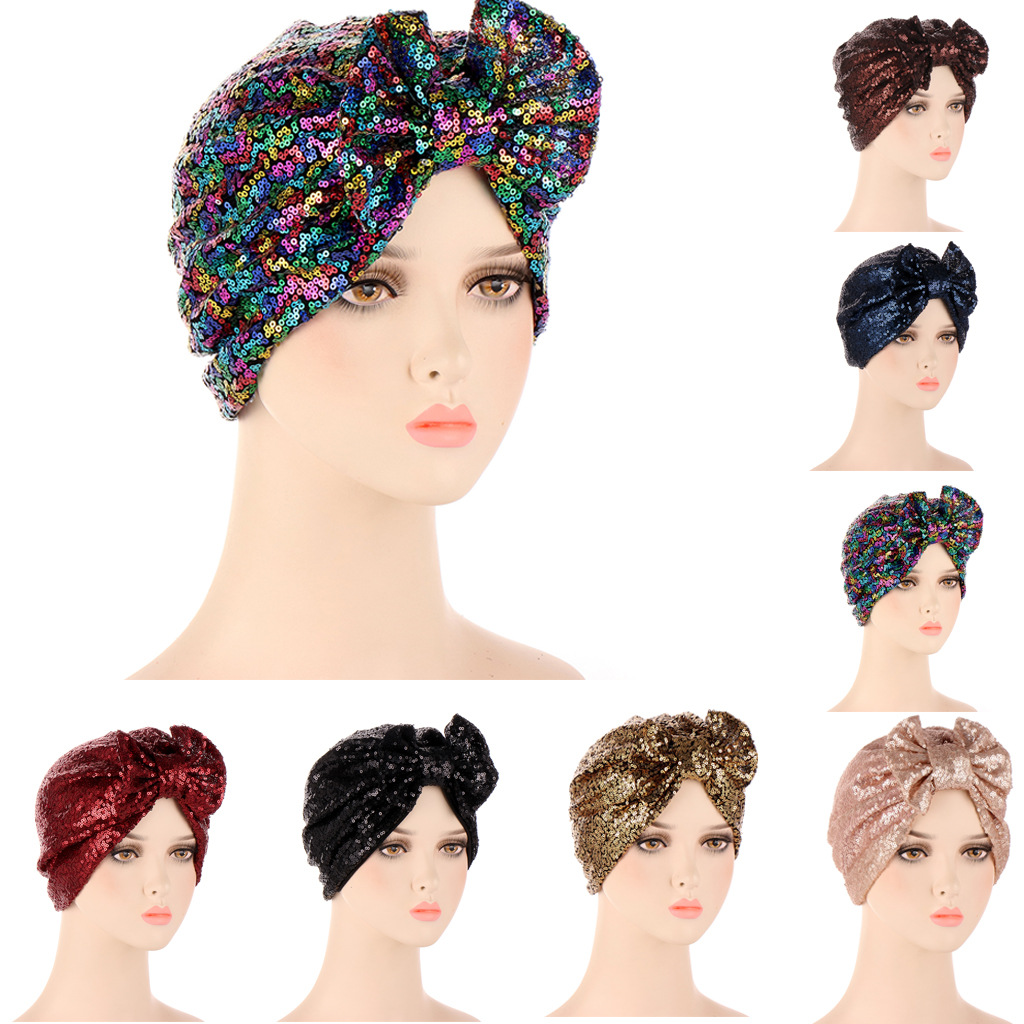 Women Sequin Turban Hat With Large Bow Knot Polyester Sparkling Muslim Headwrap India Beanie Hat For Party Wedding Daily Decoration Fashion Accessories