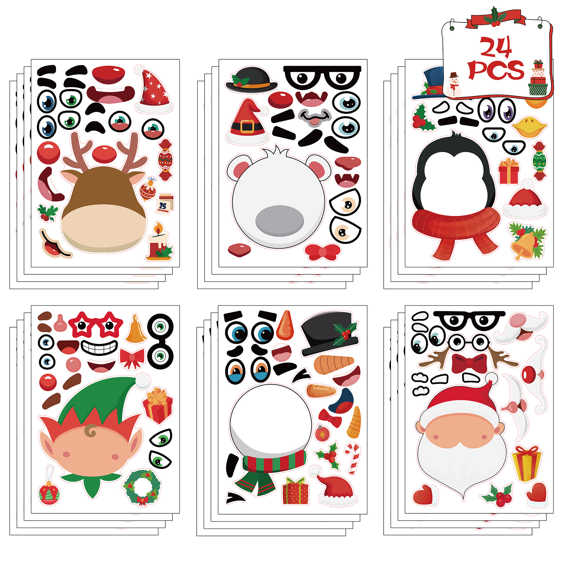 Christmas DIY Stickers Make-a-Face Puzzle Games For Kids Coated Adhesive Paper Cartoon Santa Claus Snowman Reindeer Reusable Sticker Sheets Christmas Party Favors Classroom Gift