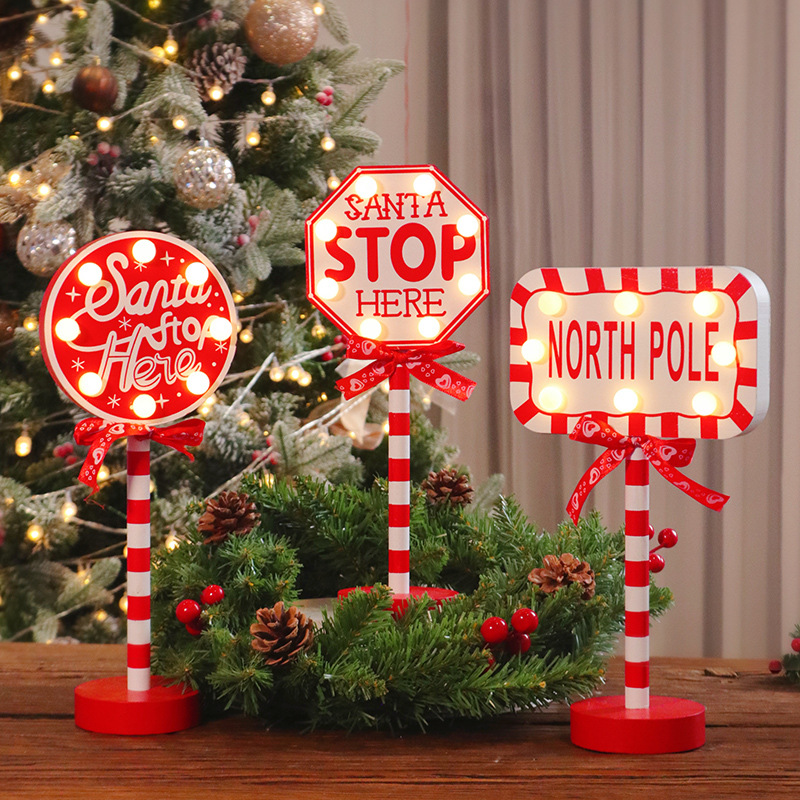 Christmas LED Wooden Signpost Desktop Decor Light Up North Pole Santa Stop Here Road Sign Ornament For Home Holiday Party Atmosphere Decoration