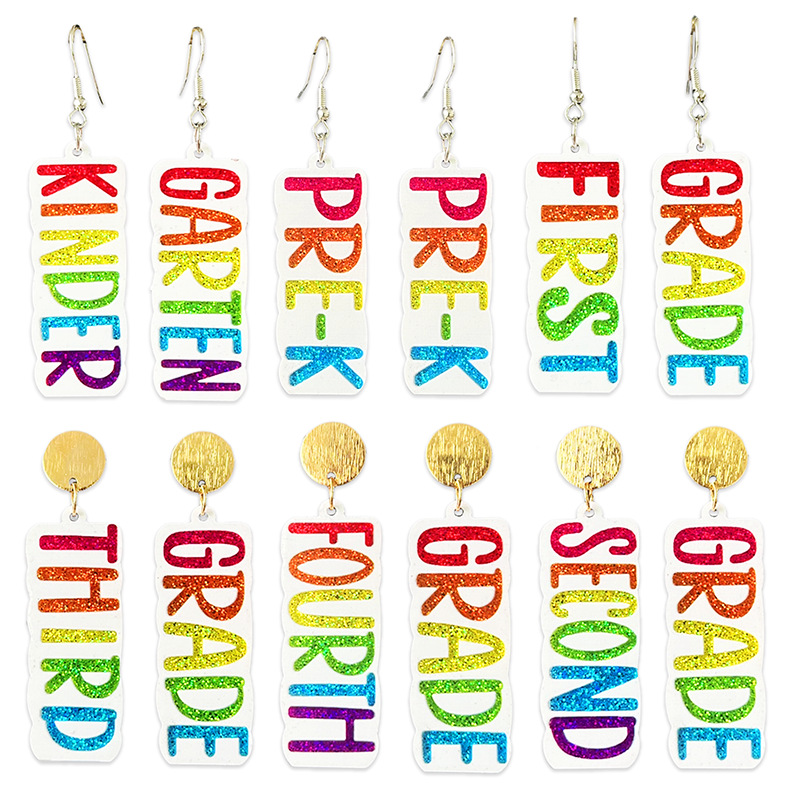 Acrylic Rainbow Glitter Back To School Earrings For Women Teacher Kindergarten Pre-K First To Sixth Grade Student Jewelry Gift