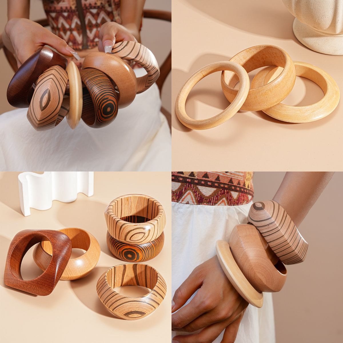 Vintage Natural Wood Bangle Bracelet For Women Striped Wood Grain Wide Geometric Bracelet With Alloy Star Rivet Decor Bohemian Ethnic Style Jewelry