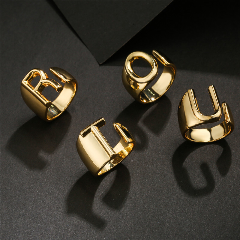 18K Gold Plated Copper Alphabet Initial Open Rings Adjustable Zirconia Capital Letter Rings For Women Minimalist Fashion Personalized Jewelry