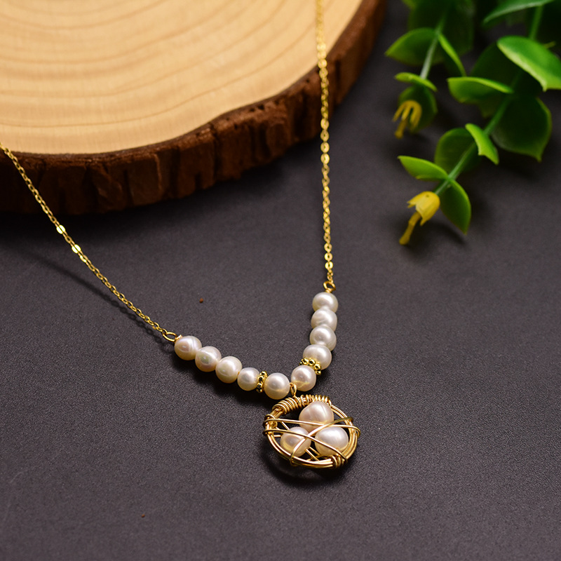 GLSEEVO Original Handmade Bird's Nest Pendant Necklace Gold Plated Copper Natural Freshwater Pearl Necklace For Women Artistic Retro Jewelry Gift