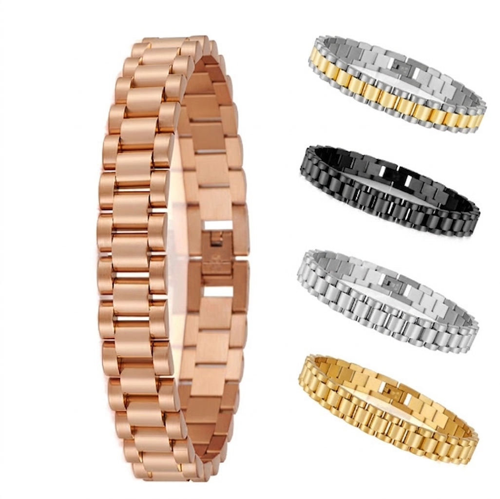 Men Stainless Steel Bracelet Watch Band Style Presidential Link Chain Polished Finish Fold Over Clasp Simple Fashion