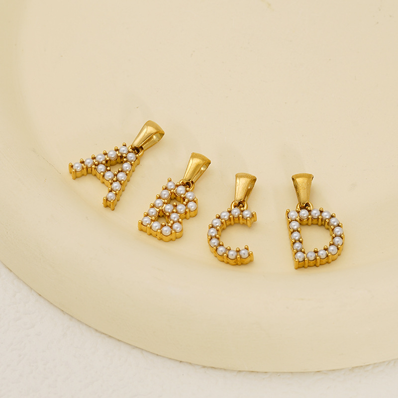 Retro 18K Gold Plated 304 Stainless Steel Initial Letter Pendant With Imitation Pearl DIY Alphabet A-Z Charms For Women Necklaces Accessory