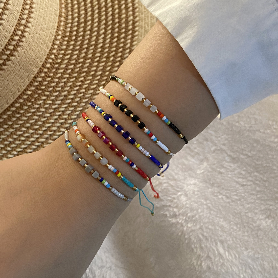 6Pcs Handmade Colorful Seed Bead Crystal Bracelet Set Adjustable Woven Rope Morse Code String Bracelets for Women Boho Vacation Jewelry