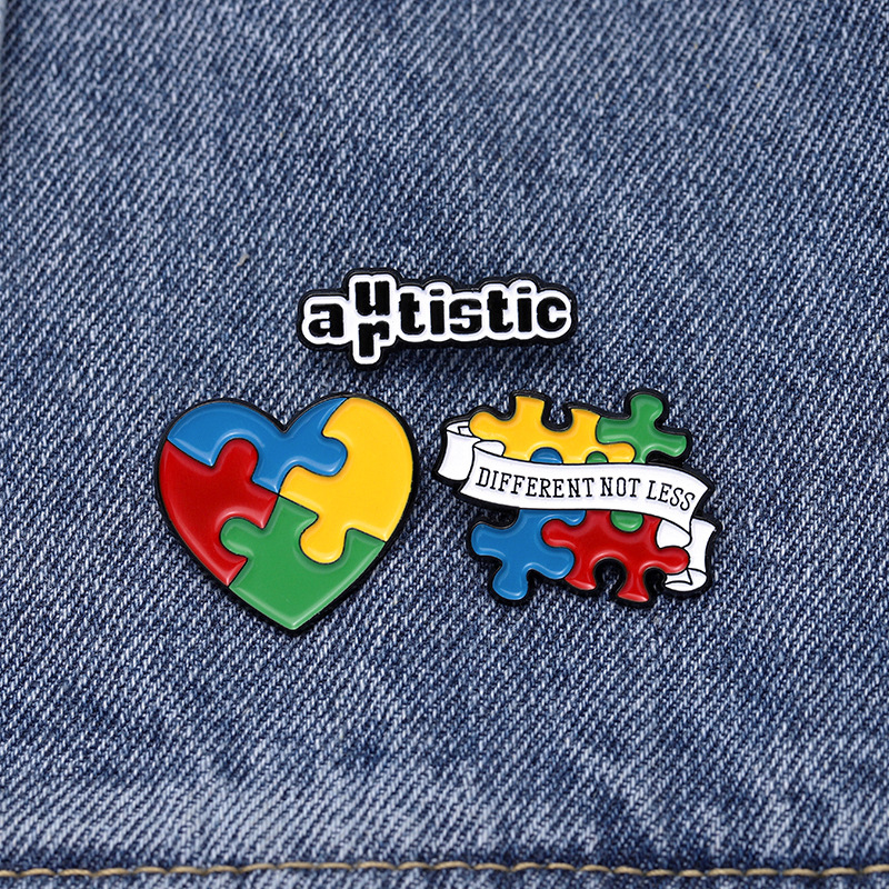 Autism Awareness Enamel Pin Brooch Set Alloy Puzzle Heart Square Colorful Badge "Different Not Less" Pins For Clothing Bag Accessories