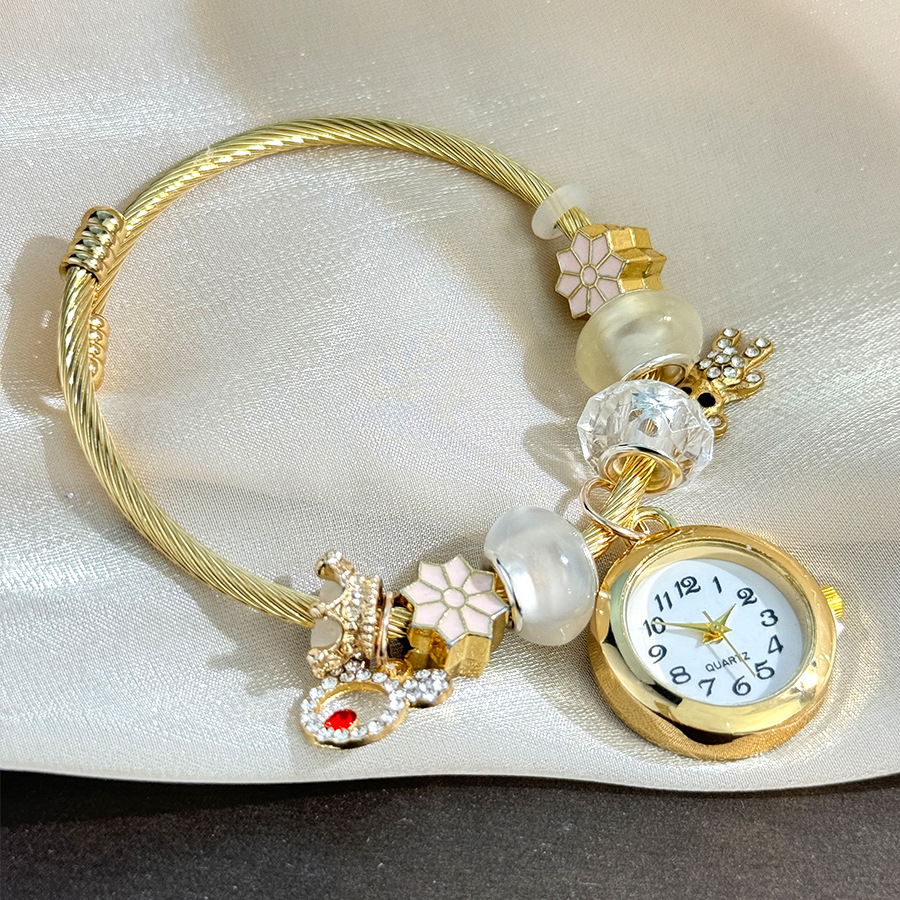 Fashion Luxury Beaded Charm Bangle Watch For Women Elegant Gold Silver Alloy Rhinestone Heart Flower Pendant Quartz Bracelet Watch Jewelry