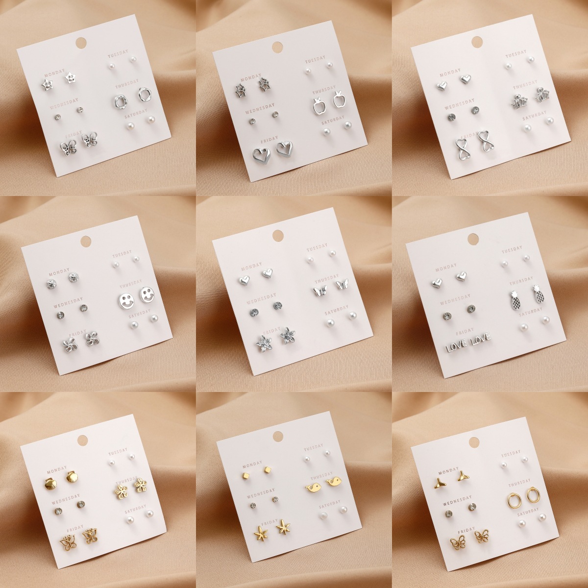 6 Pairs Weekly Earring Set Alloy Faux Pearl Rhinestone Heart Butterfly Stud Earrings For Women Daily Wear Jewelry Set
