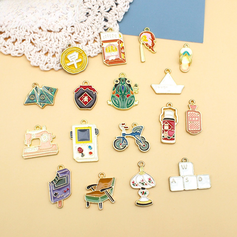 Vintage Alloy Enamel Drip Oil Charms Retro 80s 90s Chinese Life Items Pendants For DIY Jewelry Making Earrings Necklace Keychain Accessories
