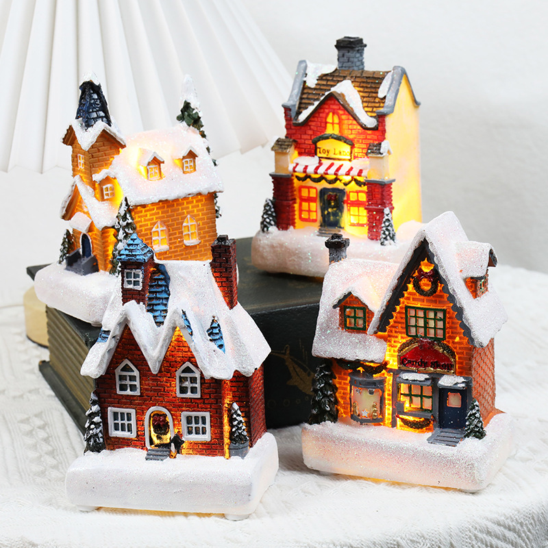 Christmas Miniature Luminous House Resin Snow Scene LED Lighted Decoration For Xmas Holiday Party Home Tabletop Ornament Candy Shop Toy Land Gift