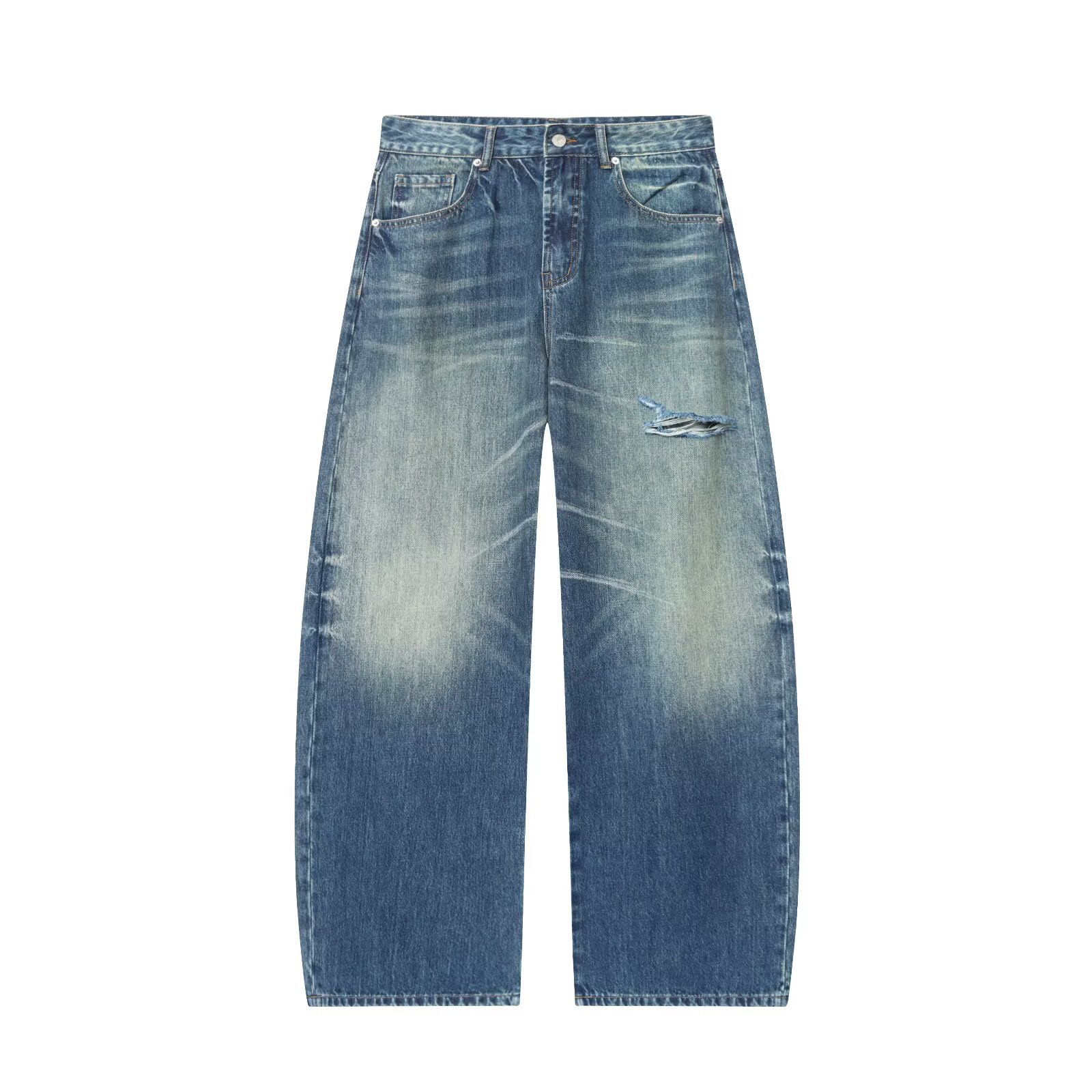 Women's Mid Waist Wide Leg Ripped Jeans Distressed Blue Denim Long Pants Casual Streetwear Loose Trousers Rolled Edge