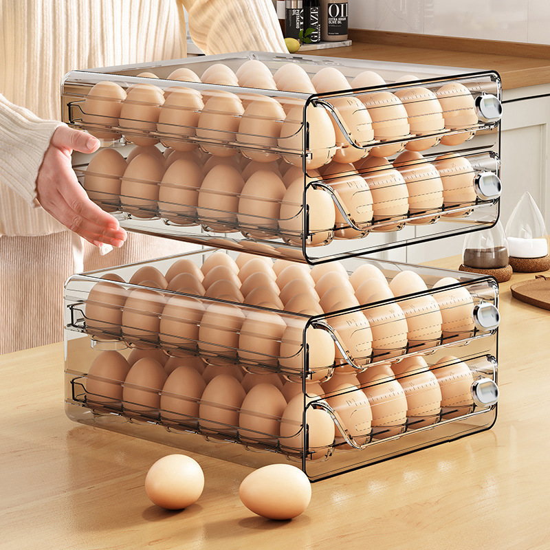 Refrigerator Egg Storage Box Clear PET Drawer Type Stackable Fresh Keeping Organizer With Date Tracker Plastic Food Container