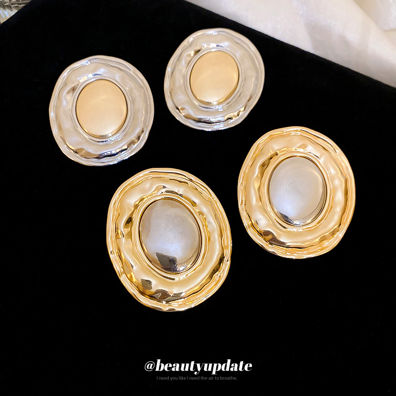 Vintage Large Hammered Metal Stud Earrings Women S925 Silver Pin Gold Silver Two Tone Oval Statement Earrings Retro Fashion Party Jewelry