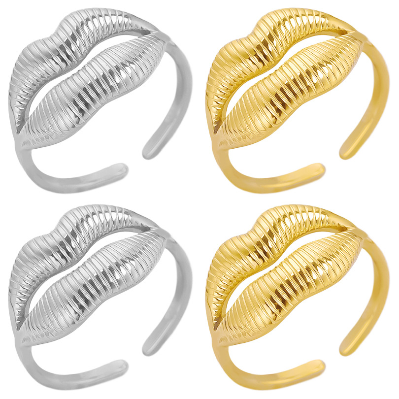 Sexy Lip Shaped Ring 304 Stainless Steel Textured Mouth Adjustable Open Finger Ring Fashion Jewelry For Women