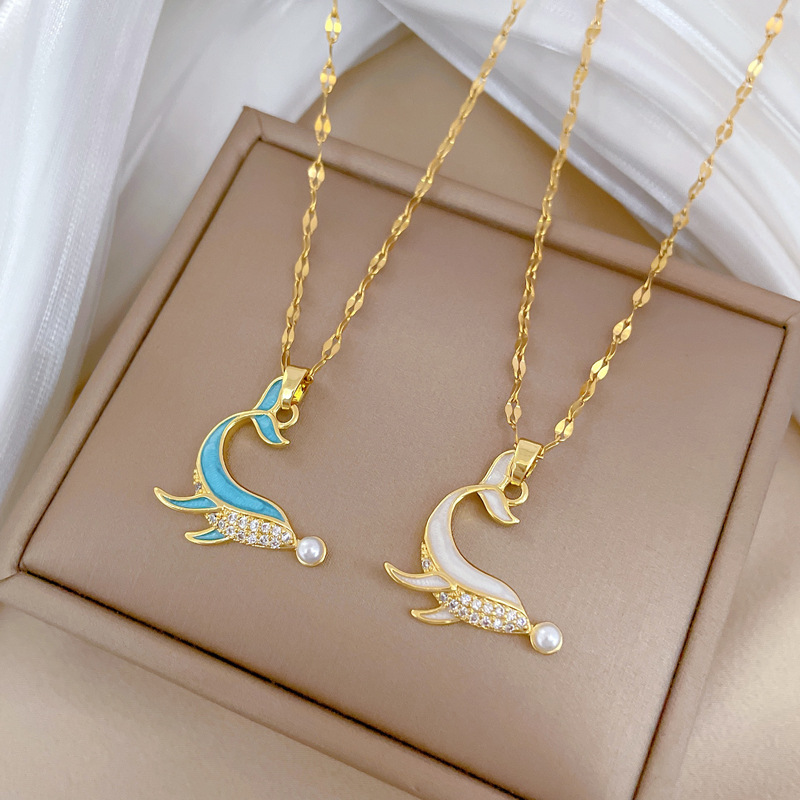 Dolphin Pendant Necklace Stainless Steel Chain Enamel Zircon Pearl Elegant Jewelry For Women Clavicle Chain Stylish