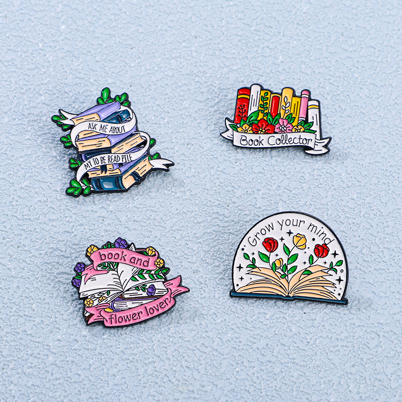 Creative Book Flower Enamel Brooch Pins Book Collector Grow Your Mind Literary Badge Jewelry For Students Backpack Clothing Lapel Pins Gift
