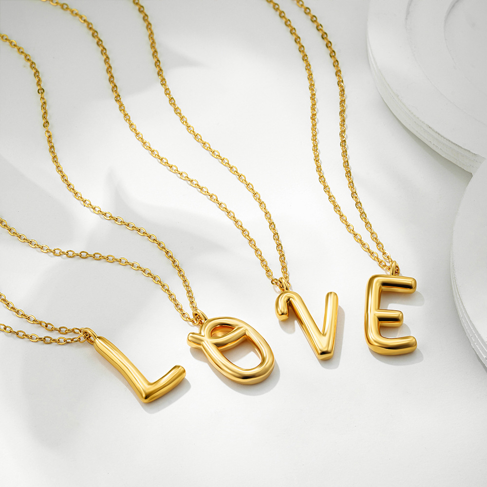 18K Gold Plated Stainless Steel Initial Letter Pendant Necklace 3D Bubble Alphabet Jewelry For Women Men Minimalist