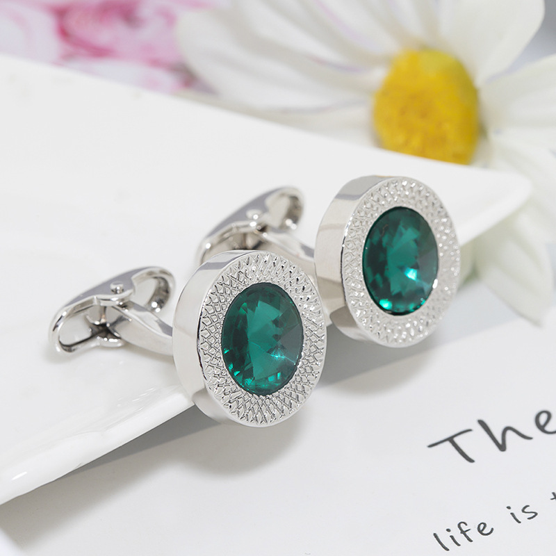 Men's Round Rhinestone Cufflinks Silver Plated Alloy Artificial Crystal Inlaid Gemstone Business Formal French Style Shirt Cuff Links Accessories