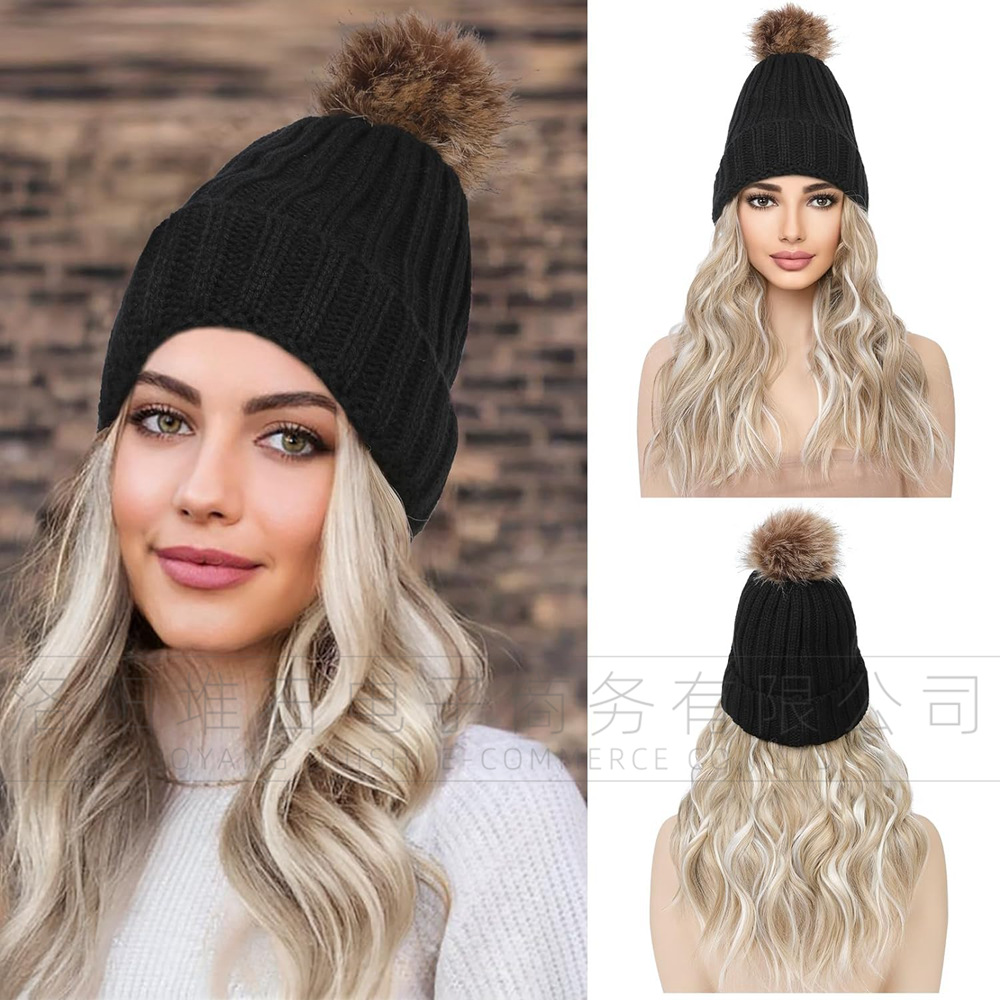 12 Inch Long Wavy Curly Beanie Wig With Knit Hat Faux Fur Pom Pom Synthetic Hair Extensions Natural Looking Wig Hat For Women Daily Use Travel