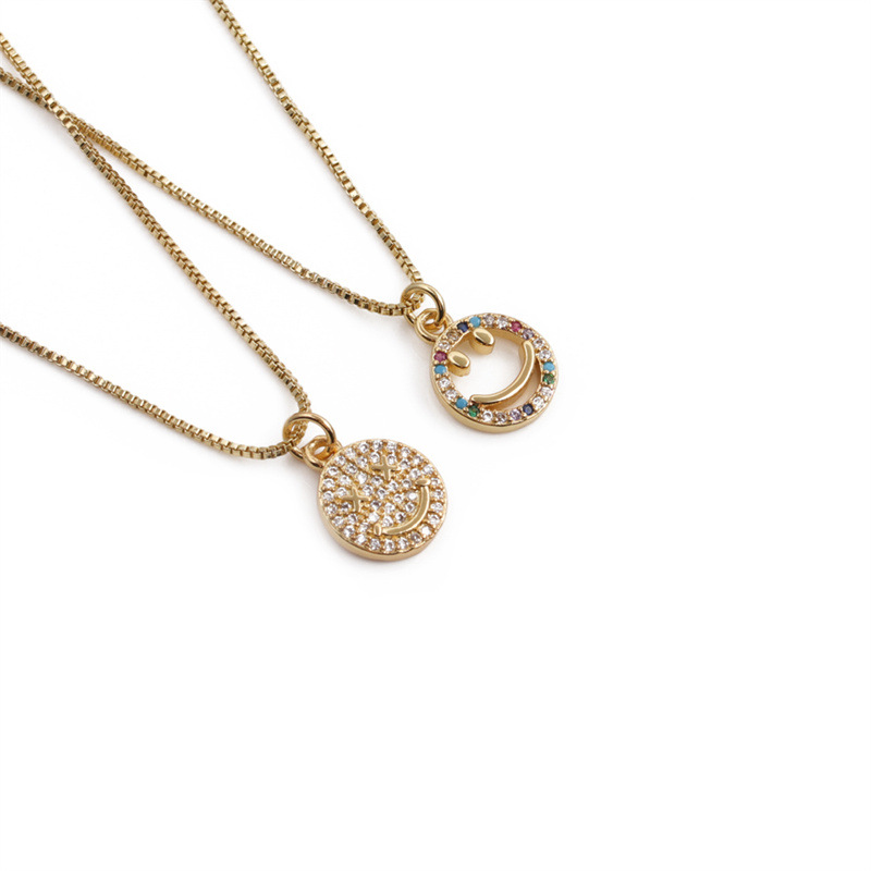 Gold Plated Copper Smiley Face Pendant Necklace With Colorful Clear Zircon Micro Pave Box Chain Necklaces For Women E-girl Fashion Jewelry