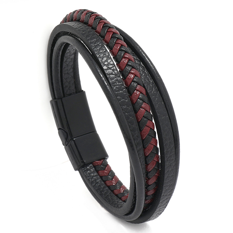 Men Multilayer Woven Leather Bracelet With Alloy Magnetic Clasp Retro Braided Bangle Fashion Jewelry Male Accessory