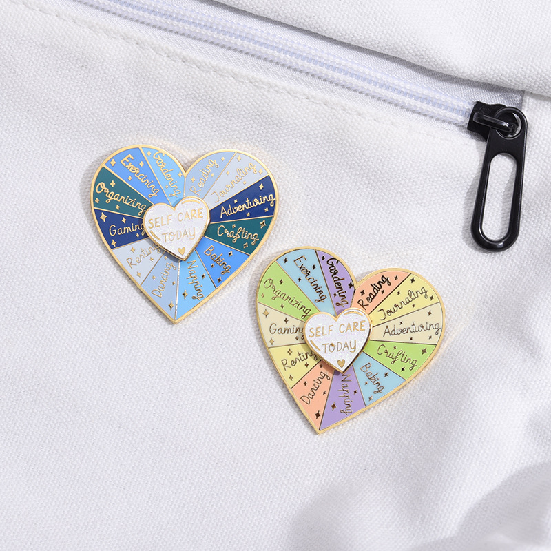 Creative Enamel Rotating Pin Self Care Today Decision Maker Heart Round Alloy Brooch Rainbow Lapel Badge For Backpack Clothing Decor Gift