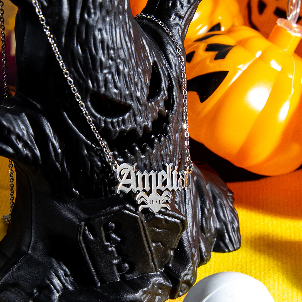 Gothic Name Pendant Necklace Stainless Steel Halloween Spider Bat Ghost Spooky Holiday Jewelry Silver Tone Neck Chain