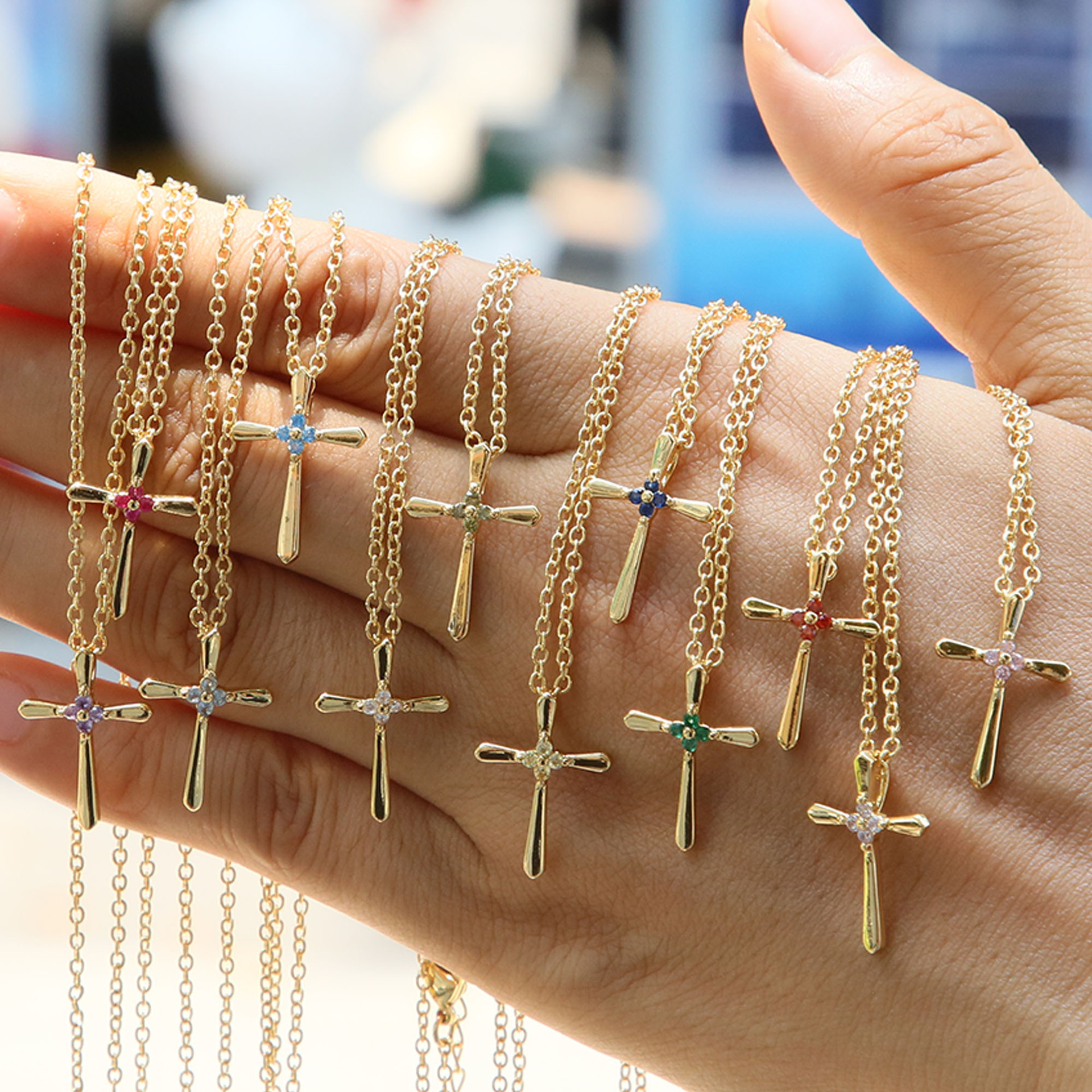 18K Gold Plated Brass Cross Pendant Necklace With 12 Months Zirconia Birthstone Religious Minimalist Clavicle Chain Jewelry For Women Girls