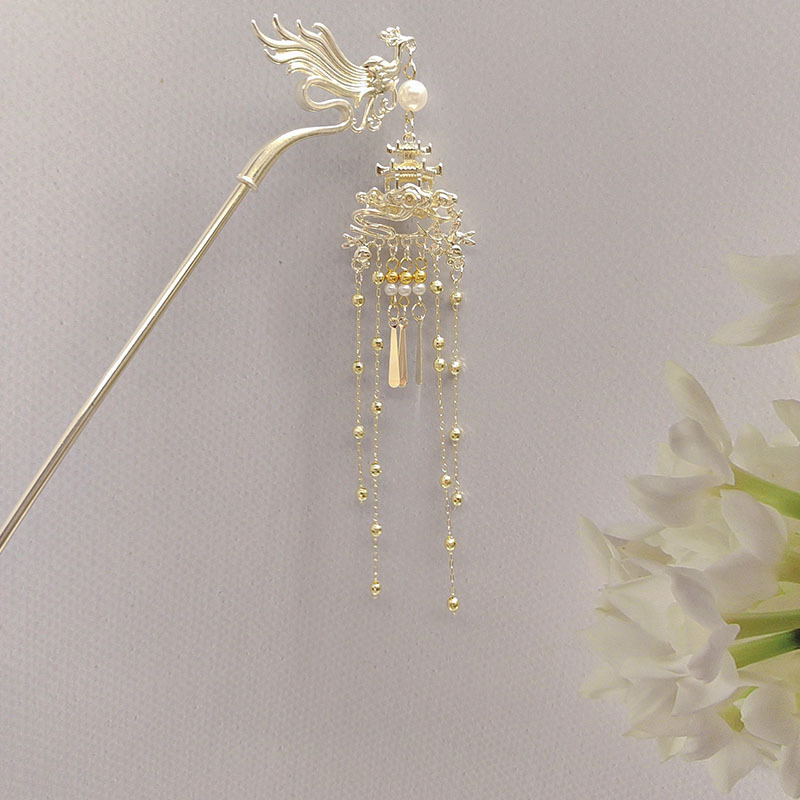 Vintage Chinese Phoenix Tassel Hair Stick For Women Hanfu Retro Hairpin With Faux Pearl Elegant Traditional Step Shake Hair Jewelry