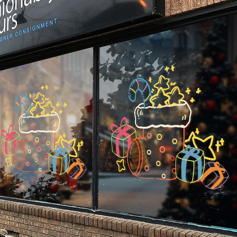 Christmas Window Stickers Static Cling PVC Reversible Colorful Stocking Star Gift Box Decals For Glass Window Shop Store Holiday Party Decoration
