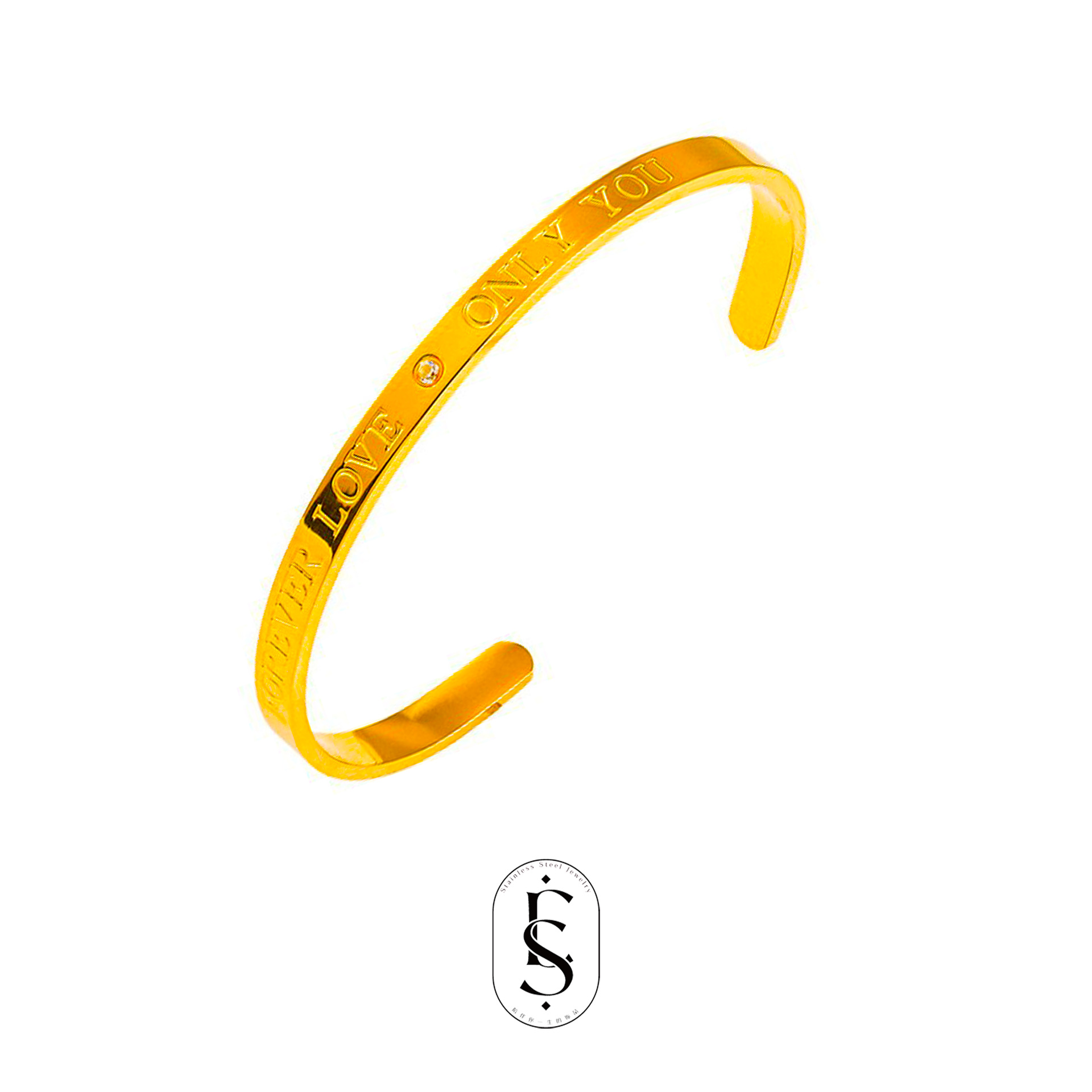 18K Gold Plated Stainless Steel C-Shaped Bangle Engraved Forever Love Only You Letter Zirconia Open Cuff Bracelet For Women Couples Trendy Jewelry