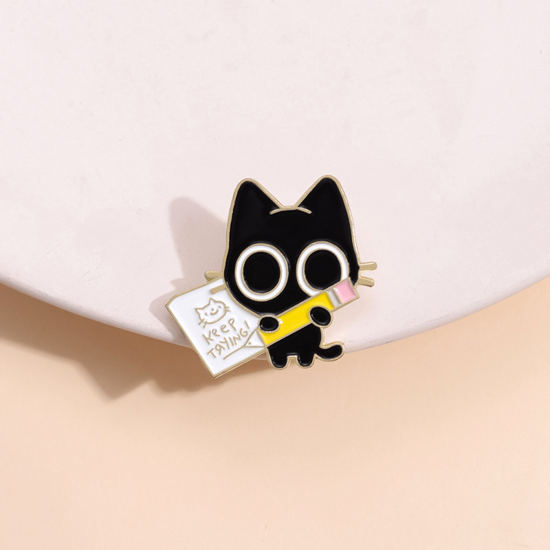 Cute Cartoon Black Cat Enamel Brooch Alloy Metal Inspirational Keep Trying Letter Badge Pin For Backpack Clothes Hat Accessories Jewelry Gift For Kids Students