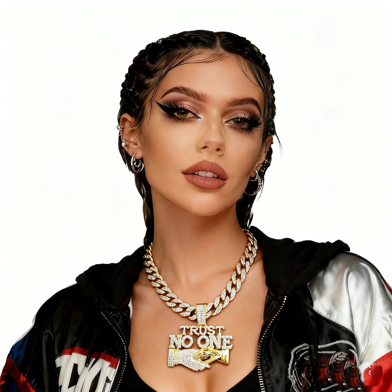 Hip Hop Trust No One Handshake Pendant Necklace For Men Women Iced Out Zinc Alloy Rhinestone Cuban Chain Necklace Personalized Streetwear Jewelry