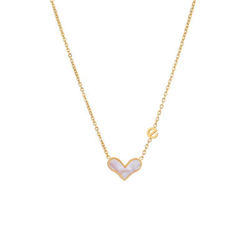 Minimalist Gold Plated Stainless Steel Heart Mother of Pearl Pendant Necklace With Letter e Charm For Women Elegant Daily Fashion Jewelry Gift