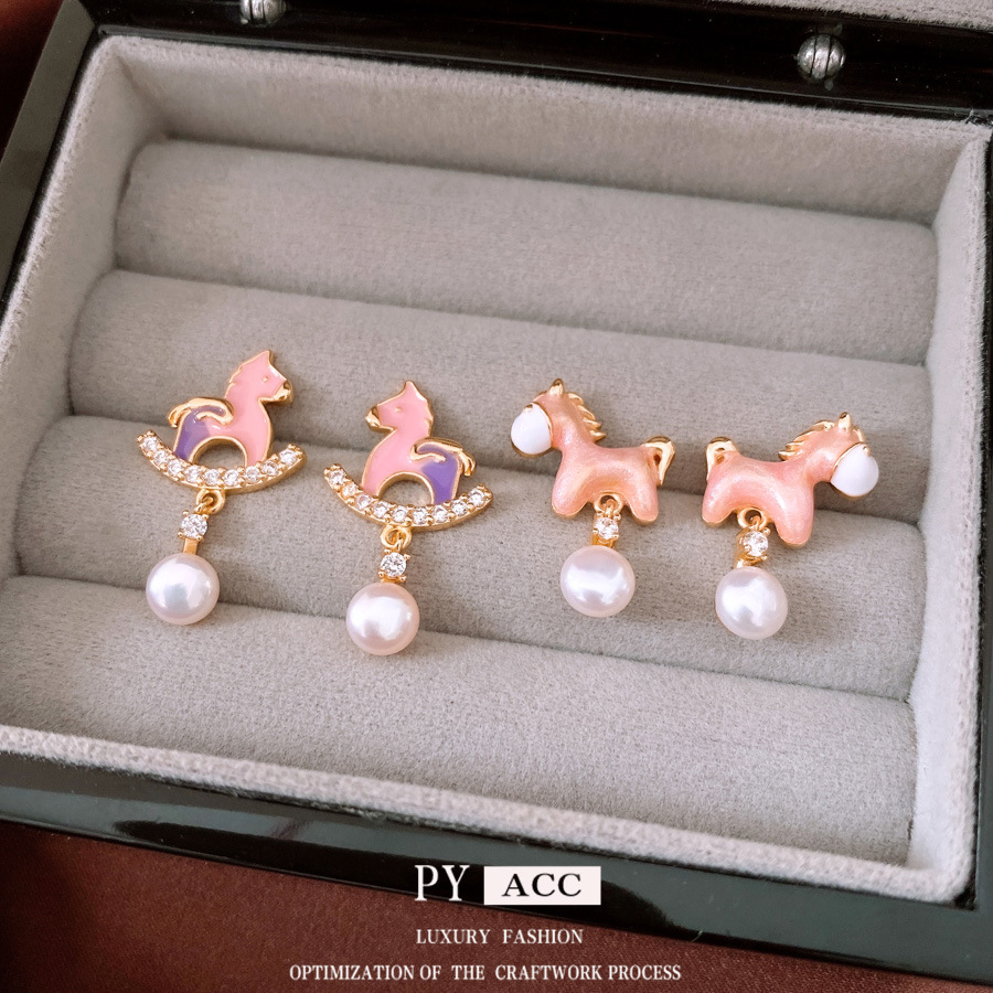Cute Enamel Horse Pearl Dangle Earrings For Women Gold Plated Copper Zirconia Rocking Horse Animal Drop Earrings Jewelry Gift