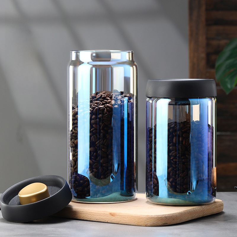Borosilicate Glass Vacuum Sealed Jar Manual Press Coffee Bean Storage Container With Moisture Proof Lid Kitchen Food Fresh Keeping Organizer Transparent Iridescent Jar