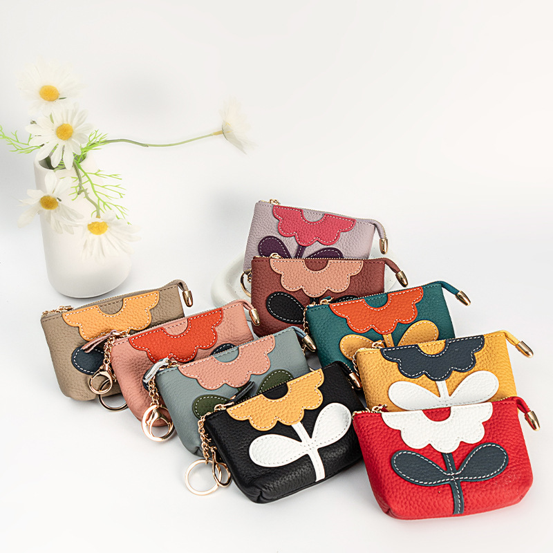 Genuine Leather Flower Coin Purse First Layer Cowhide Mini Key Chain Bag Wallet For Women Daily Card Holder Accessory