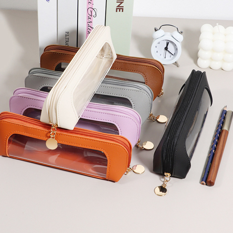 Large Capacity PU Leather Pencil Case With Clear Window Waterproof Zippered Stationery Pouch For Student School Office Supplies Minimalist Makeup Bag